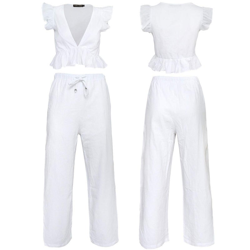 FANCYINN Womens White Two Pieces Outfits Deep V Neck Crop Top Side Slit Drawstring Wide Leg Pants Set Jumpsuits XS - Image 5